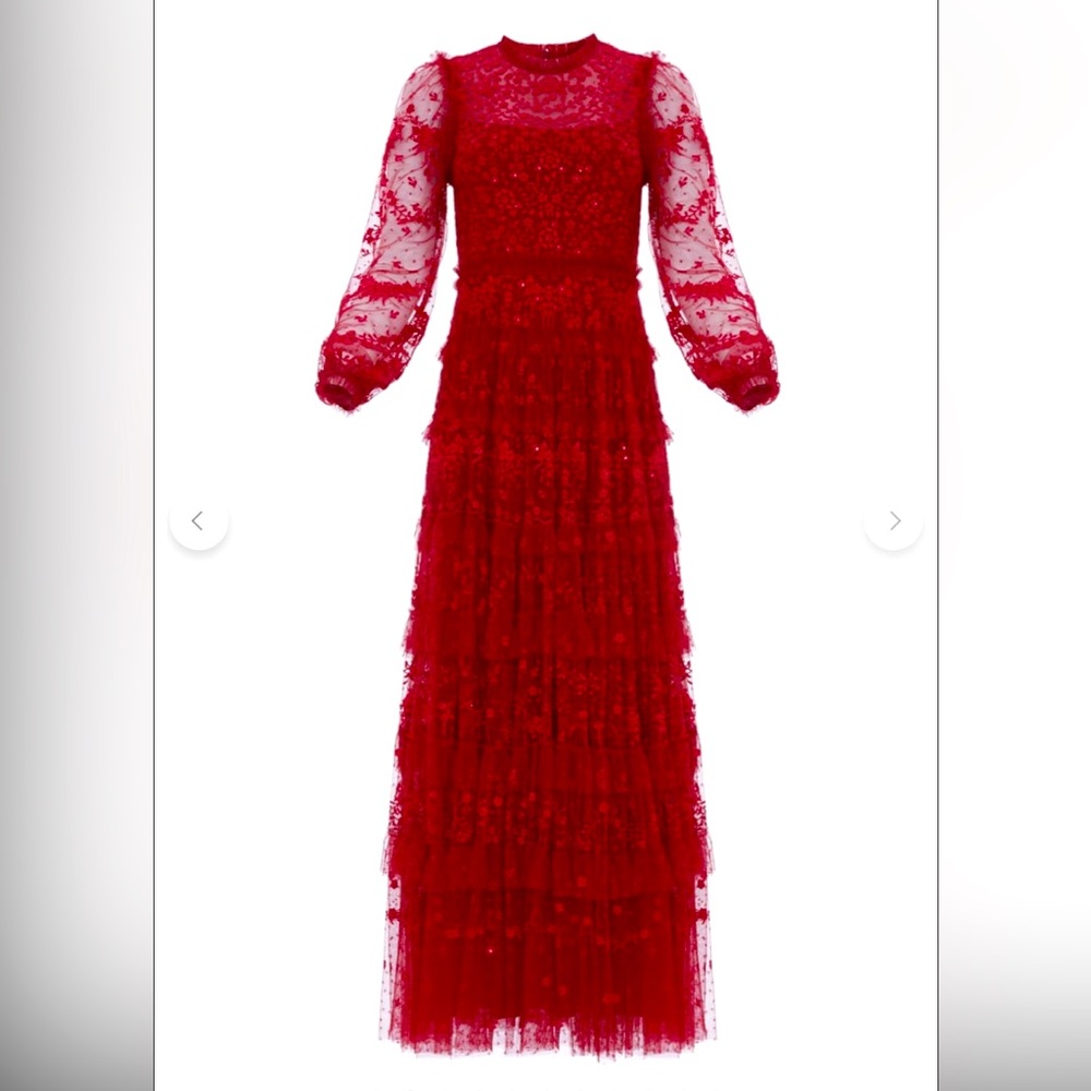 NEEDLE & THREAD Blossom lace Ankle Gown in Deep Red.